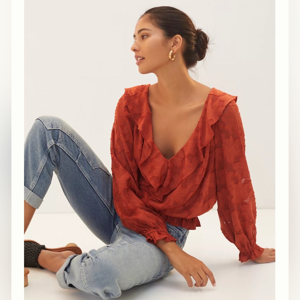 Anthropologie Textured Floral Blouse Ruffled V Neck Puffed Long Sleeve Size XS